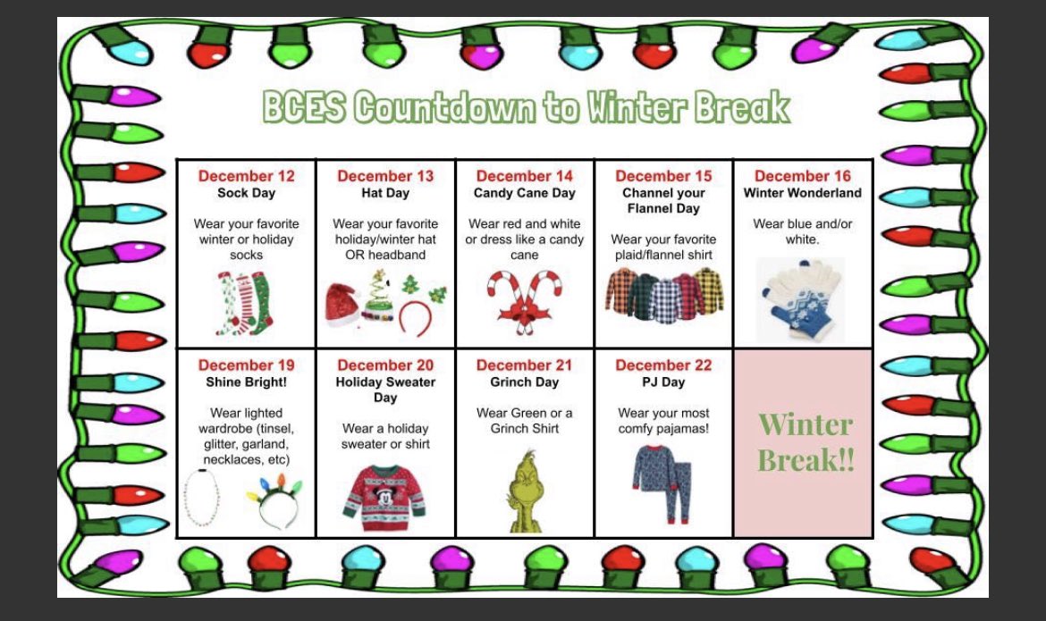 fcpsamberduong's tweet photo. BCES-Here is the full spirit calendar heading into the Winter Break…@Stein_FCPS @mrs_candaceking https://t.co/0eJGCxk6yG