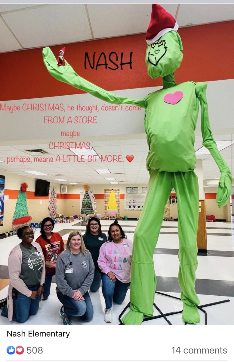 Meet Nash Elementary’s 12 foot Grinch! His heart may be small but the students’ random acts of kindness are sure to grow his heart! #nashleadstheway #elementary #randomactsofkindness