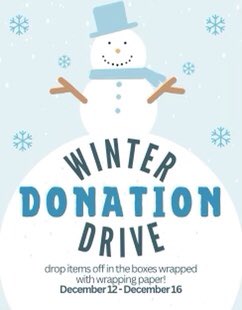 Donation Opportunity!!
Winter Donation Drive is being hosted at SWHS from December 12 - December 16.
Drop items off in the boxes wrapped with wrapping paper.