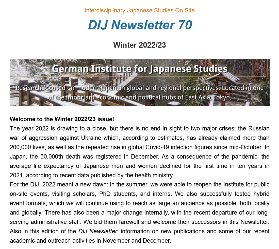 dij_tokyo's tweet photo. Check out the latest issue of our #DIJNewsletter for updates on our research, publications, events, outreach activities, staff news, job offer & #DIJAlum news @CJ_jrnl @b_geilhorn @kott_no @SpodenCelia @stenweber @barbGhawaii @jannohentzsch @SGanseforth https://t.co/VLgYz5Wo3g https://t.co/Ptgeqb5Jyv