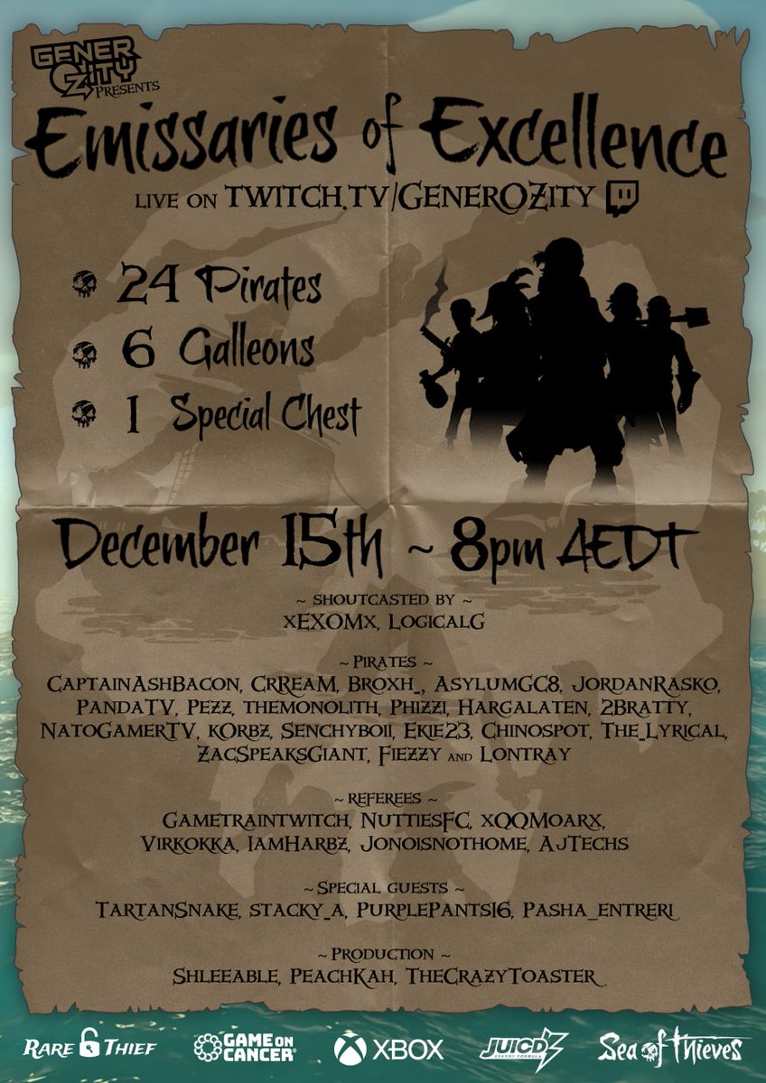 GenerOZity's tweet image. This Thursday at 8:00pm AEDT

Get ready to #BeMorePirate on twitch.tv/GenerOZity as well as over 20 other Twitch channels

It's the 1st #EmissariesOfExcellence raising money for @GameOn_Cancer 

Donations are open! donate.generozity.charity/emissaries-of-…