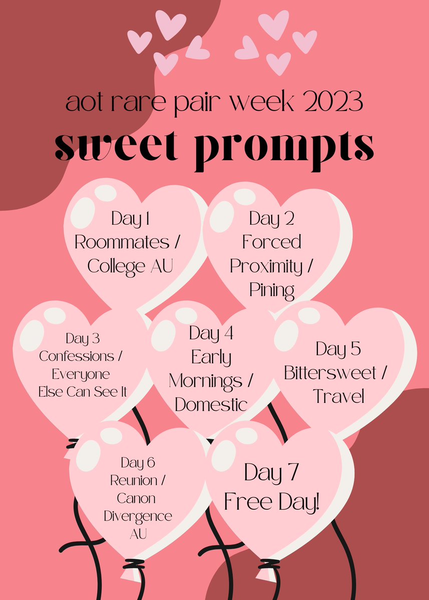 rarepairaot's tweet photo. 💗 our long awaited prompt list is here! 💗
✨feel free to combine any of the prompts or use none if you prefer
✨no entry limit
✨late submission is okay
🧸fun fact: our most popular nsfw prompt was gentle. arent ya'll so cute! 🥺
#aotrarepairweek #AttackOnTitan #shingeki https://t.co/0wQeFN116S