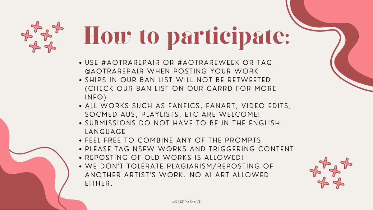 rarepairaot's tweet photo. 💗 our long awaited prompt list is here! 💗
✨feel free to combine any of the prompts or use none if you prefer
✨no entry limit
✨late submission is okay
🧸fun fact: our most popular nsfw prompt was gentle. arent ya'll so cute! 🥺
#aotrarepairweek #AttackOnTitan #shingeki https://t.co/0wQeFN116S
