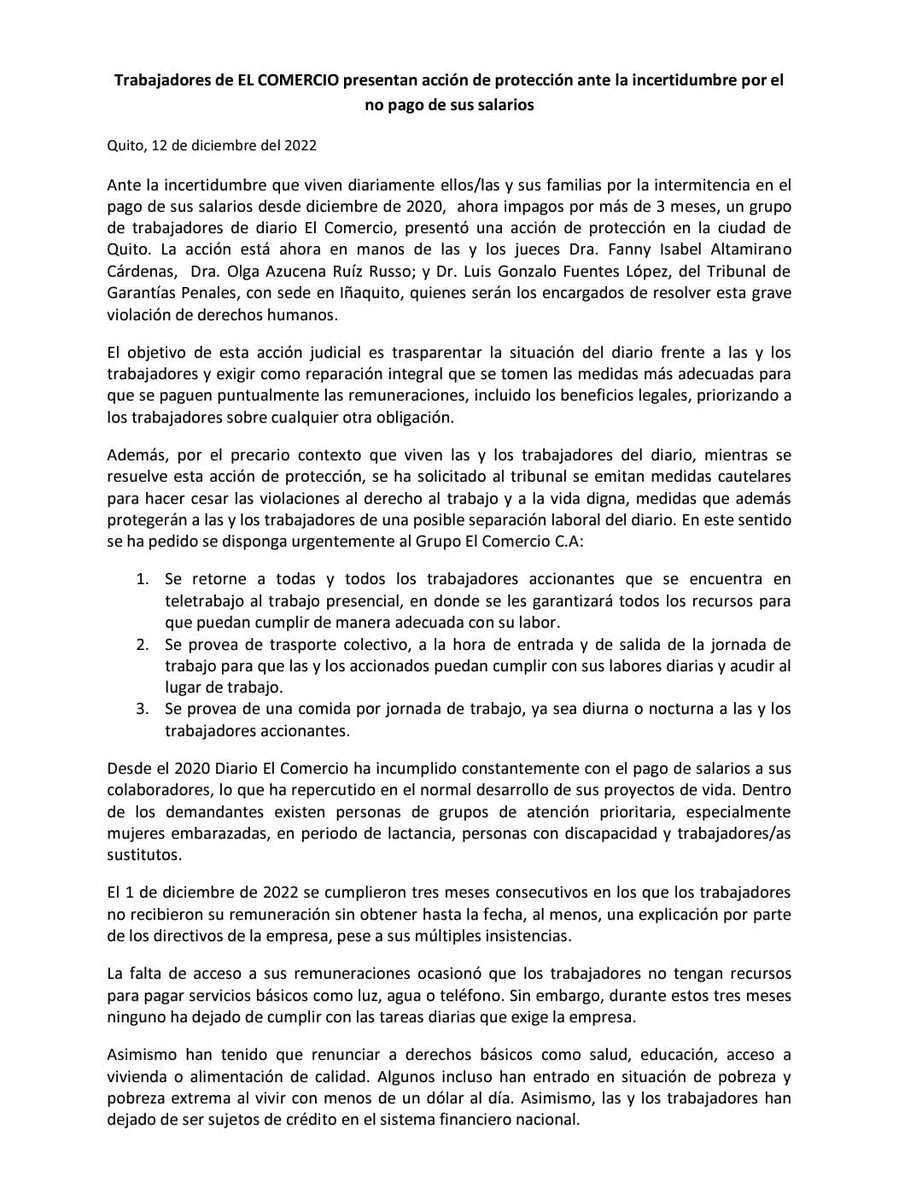 ladisputaec's tweet image. 🔴 #Atención | Trabajadores de diario @elcomerciocom #presentaron una acción de protección en contra del medio de comunicación por la #falta de #pago de sueldos de hace 3 meses.
