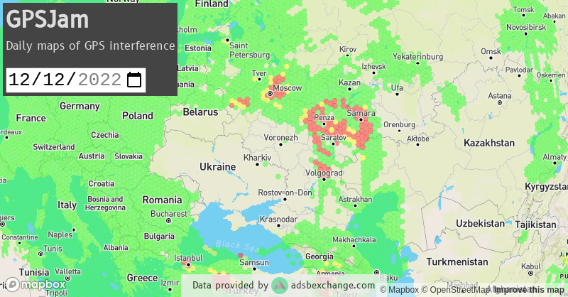 lemonodor's tweet photo. Wow! A huge part of Russia just started experiencing new GPS interference. I haven't seen anything like this since I started monitoring. Looks like it may have started late December 10, and I assume it's jamming. https://t.co/HzvvgJ4wov https://t.co/xDbLsPMHcl
