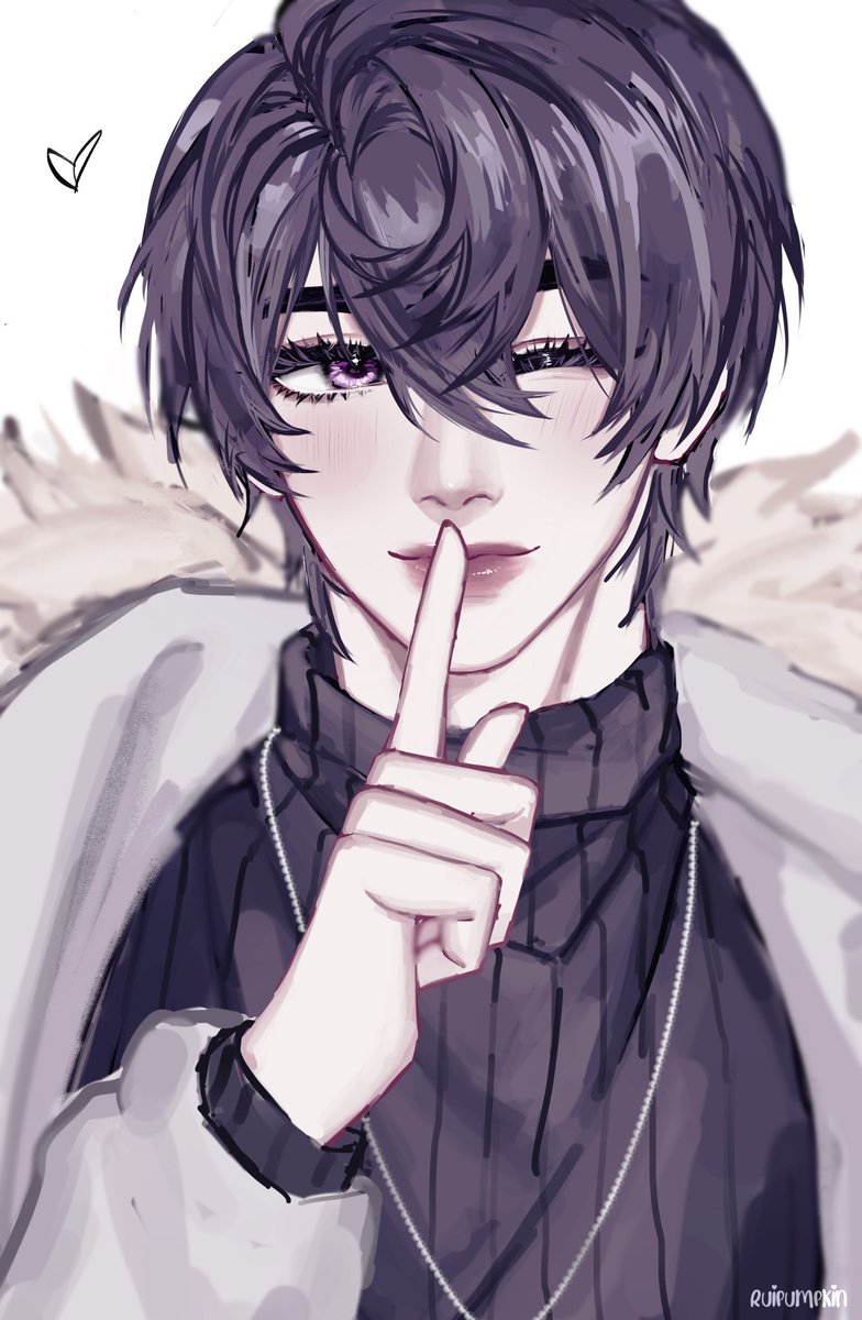 1boy male focus purple eyes sweater solo one eye closed finger to mouth  illustration images