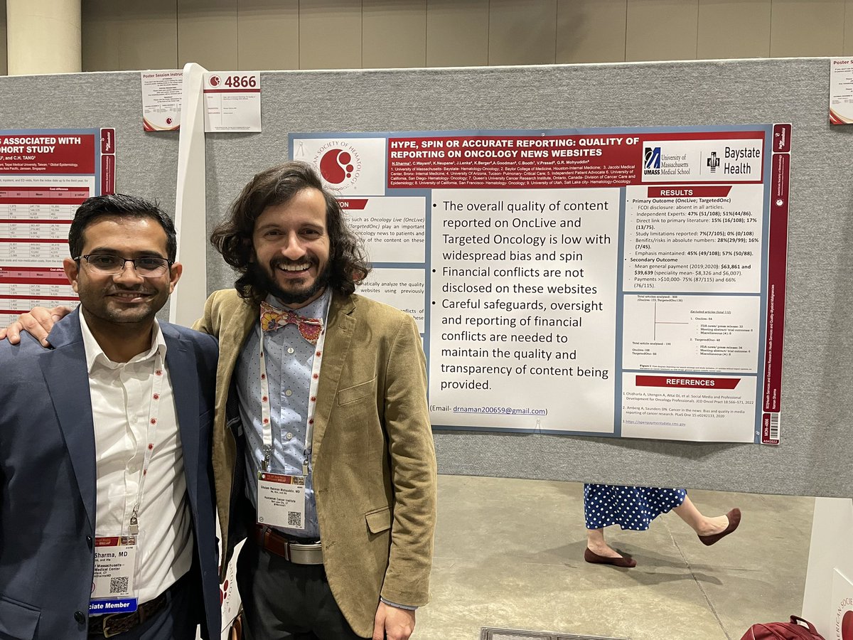 ManniMD1's tweet photo. Our poster on the quality of content of OncLive and Targeted Oncology.

Meeting @NamSharmaMD for the first time and seeing how eloquently he described our findings almost made me tear up. Such a joy to mentor trainees! 

Hoping positive changes can come out of this.
#ASH22 https://t.co/eqjt5YsmXM