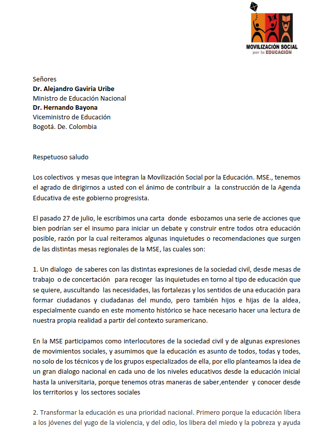 mseeducacion's tweet photo. Carta dirigida al @Mineducacion Dr. @agaviriau  y al Viceministro  Dr. @hbayonar con inquietudes y recomendaciones que surgen desde las distintas mesas regionales de la @mseeducacion Les invitamos a su lectura y difusión. https://t.co/eBE4zcAKmp