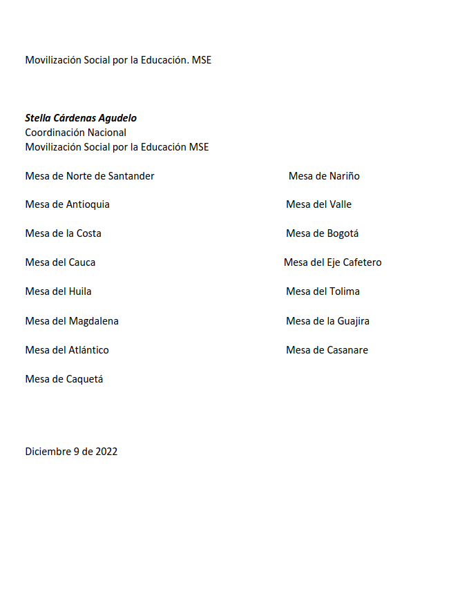 Carta dirigida al <a href="/Mineducacion/">MinEducación</a> Dr. <a href="/agaviriau/">Alejandro Gaviria</a>  y al Viceministro  Dr. <a href="/hbayonar/">Hernando Bayona Rodríguez</a> con inquietudes y recomendaciones que surgen desde las distintas mesas regionales de la <a href="/mseeducacion/">Movilización Social por la Educación</a> Les invitamos a su lectura y difusión.