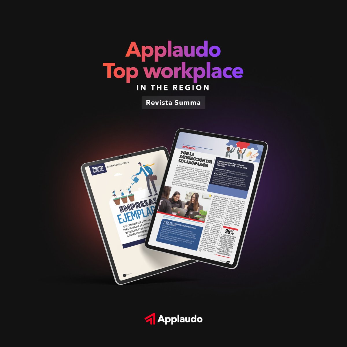 applaudo_'s tweet photo. At Applaudo, we take special care of our work environment, career development, and the well-being of our team. This has led us to grow exponentially and become one of the top workplaces in the region. Thank you Revista Summa for this recognition!
#TechMadeInLATAM https://t.co/cCsGTuMiYl