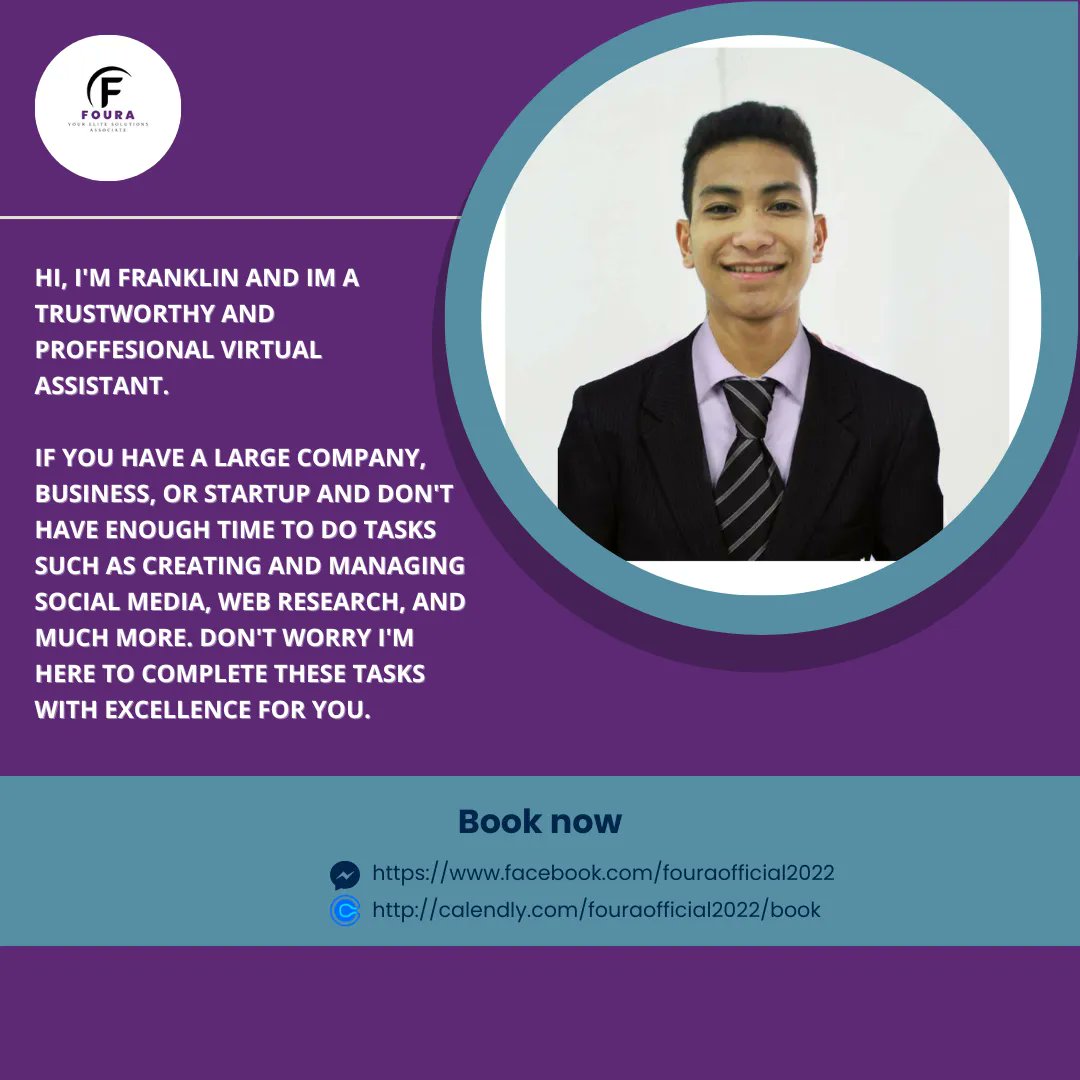 fouraofficial22's tweet photo. If you wish to avail of my Virtual Assistant services, you can book a call with us at https://t.co/HCgMPMkUqD 
#fouraofficial2022 #foura #ConnectWithFoura #fouraservices #FouraEliteAssociates #virutalassistantsdn #virtualassistantservicessdn #virtualassistantcommunitysdn #sdn https://t.co/5Kz2Tzhxyj