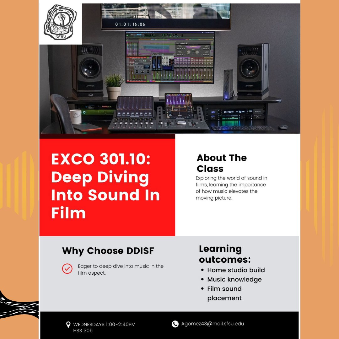 SFStateEXCO's tweet photo. ✨Teacher Spotlight✨

Meet Alan Gómez! He will be teaching Deep Dive into Sound for Film. Swipe to learn more about who he is and why you should take his class. 🎞️

#sfstateexco #sfstate #sfsu #sfsustudentlife #sfsugators #sfsu23 #sfsu24 #sfsu25 #sfsu26 #sfsueop https://t.co/5gmKCcGkpQ