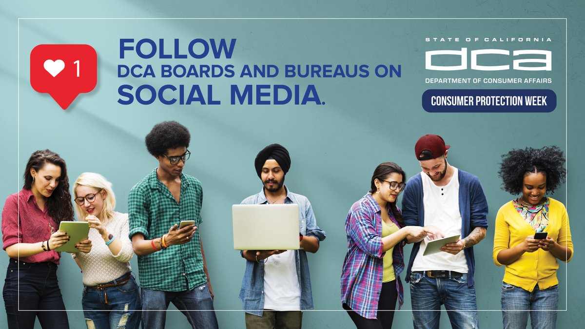 CaliforniaDCA's tweet photo. We’re making staying connected and involved easy! Did you know many DCA boards and bureaus are on social media? Follow a board or bureau of interest today to stay up to date with consumer protection tips, access public meetings, and more. #ConsumerProtection365 https://t.co/g4x4wFnCvM