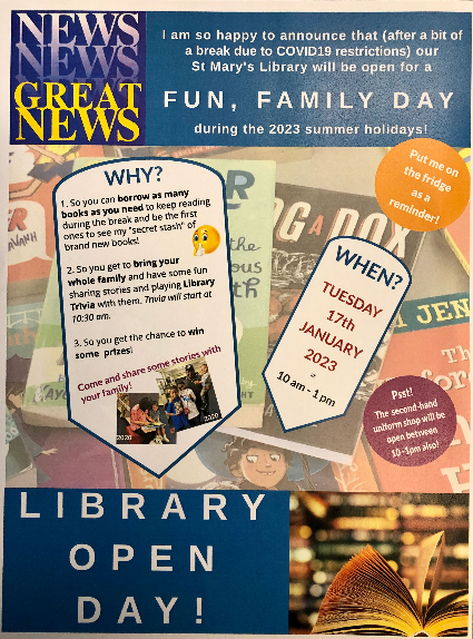 It's on again! The <a href="/StMarysRydalLib/">StMarysRydal_Library</a> will be open for students and their families on Tuesday 17 January 2023 between 10 and 1pm. Join us for holiday borrowing and some fun activities and prizes.👏 I'd love to see you there. <a href="/StMarysRydal/">St Mary's Rydalmere</a> #cedplibraries <a href="/CatholicEdParra/">Catholic Schools Parramatta Diocese</a>