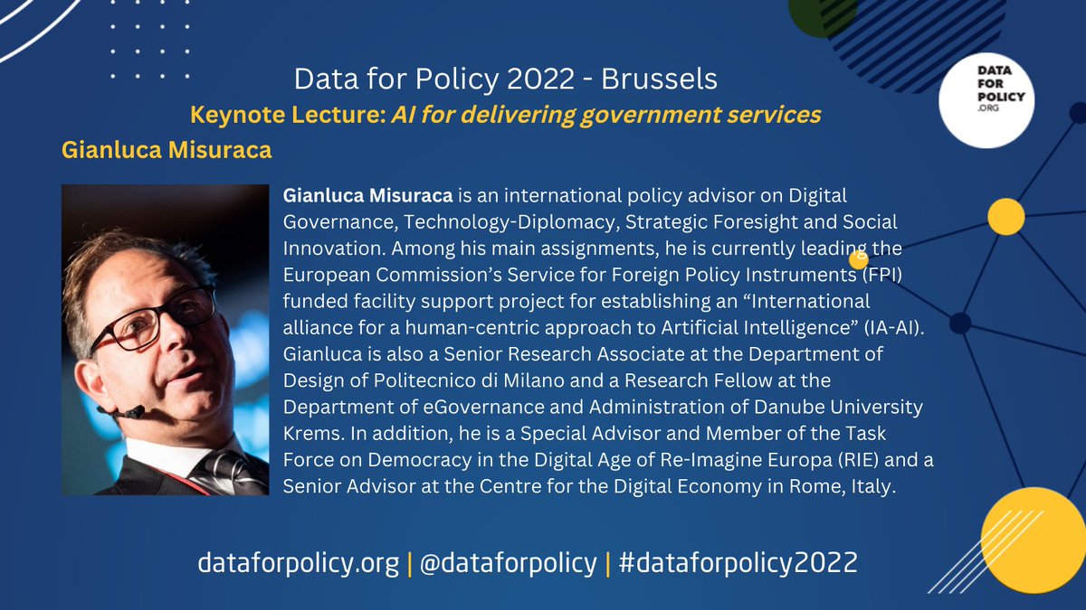 dataforpolicy's tweet image. Emanuele Baldacci @emibaldacci is now chairing our Keynote Lecture, delivered by @Gianlucamisu, Lead @InTouchAIeu and Director @ai4gov_eu.

He will discuss &quot;AI for delivering government services&quot;. Gianluca is an expert in technological diplomacy, innovation, and AI, among others.