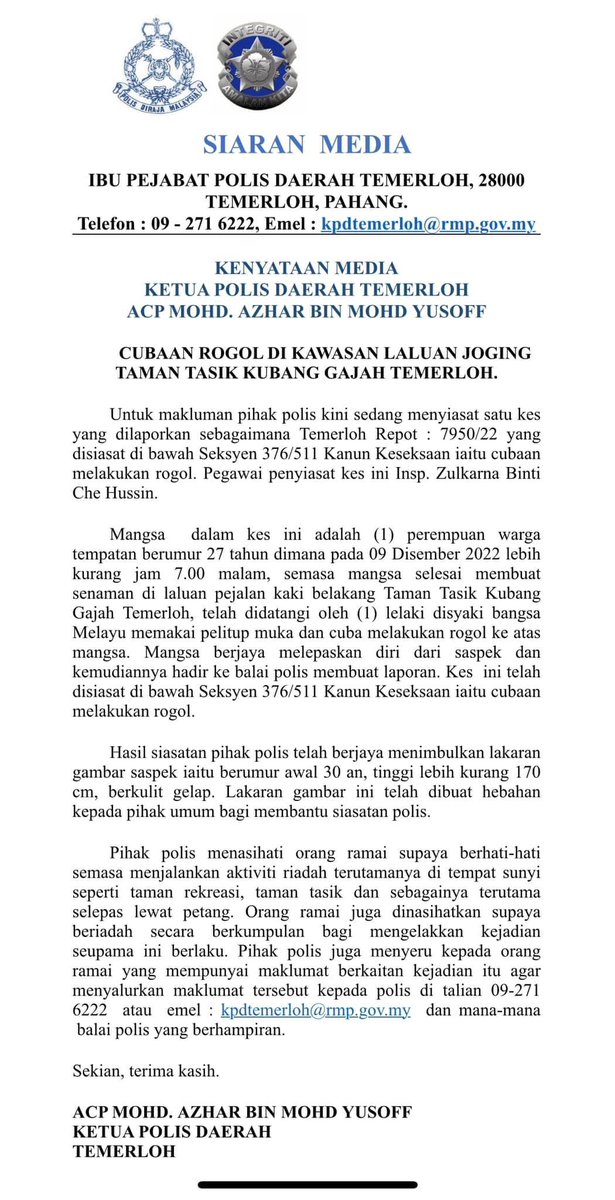 redzuanNewsMPB's tweet photo. Polis sedang kesan lelaki seperti fotofit 👇 bagi membantu siasatan kes cubaan merogol seorang wanita di kawasan laluan pejalan kaki di Taman Tasik Kubang Gajah, Temerloh, Pahang.

Dlm kejadian 7 malam itu, mangsa usia 27  selesai membuat senaman di kawasan tersebut. https://t.co/oaRR9C5bME