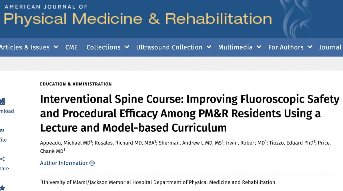The <a href="/UMiami_PMR/">UMiami PM&R Residency</a> interventional spine course, created by PD <a href="/ChanePriceMD/">Chane Price</a>, was one of the most edifying and enjoyable experiences in residency. Happy to share this paper 💯 (published ahead of print).

<a href="/NoMorePainMD/">andrew sherman</a> <a href="/AJPMRjournal/">AJPM&R</a> <a href="/AAPhysiatry_RFC/">AAP Resident Fellow Council PM&R</a> #physiatry bit.ly/3VRNzqV