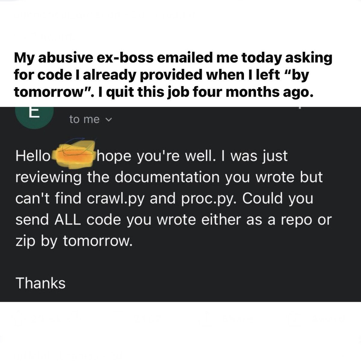 fuckyouiquit's tweet photo. “Hi, you don’t work for me but drop everything you’re doing and send me stuff you sent me 4 months ago because I’m incompetent.”

*blocked* https://t.co/M02xY6VwEq