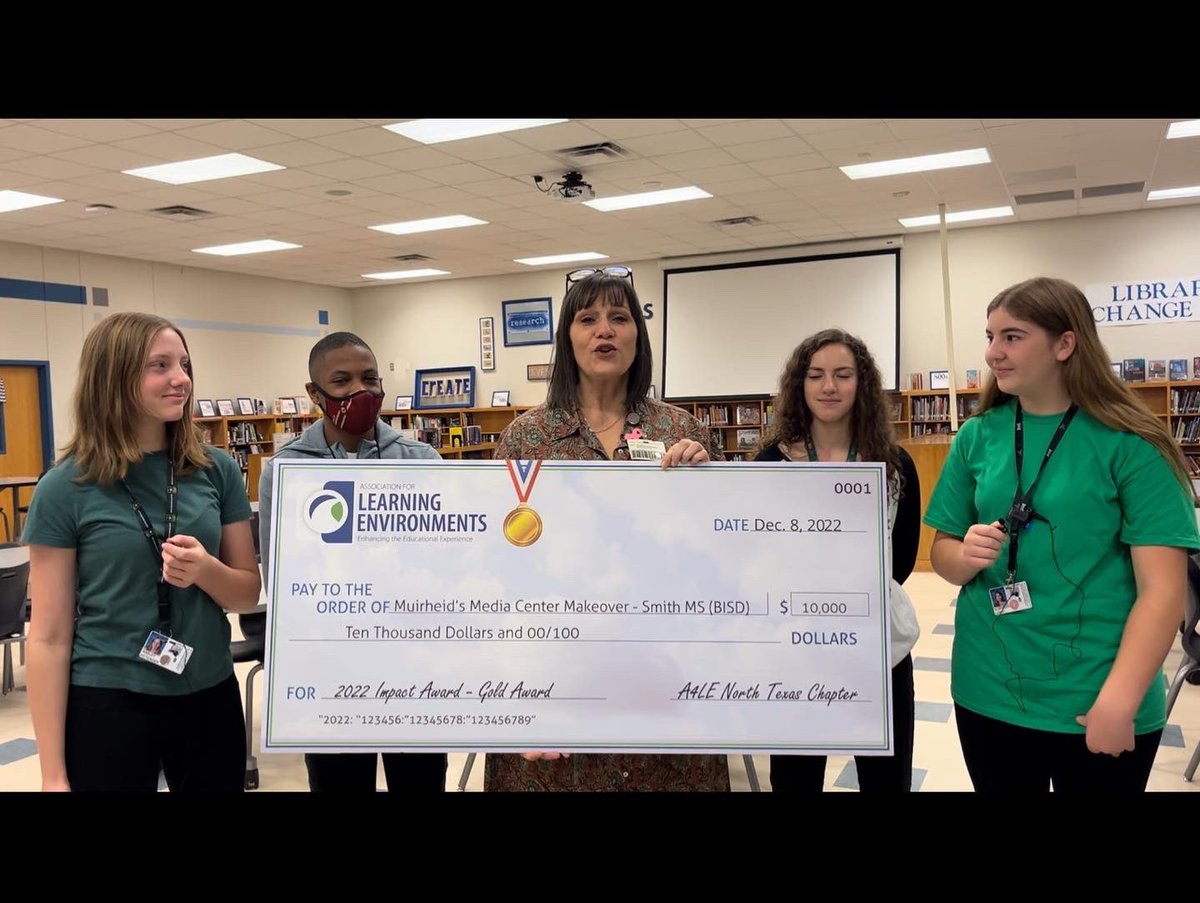 SMSRaiderNation's tweet photo. Our Library is getting a makeover! We are proud of our #NJHS officers & grateful to the North Chap of the Association for Learning Environments! These Raiders created a video & submitted it for the IMPACT Grant! SMS was awarded $10,000! Thx @a4le_nptx #smsraidernation #bisdshines https://t.co/CndeI8CBri