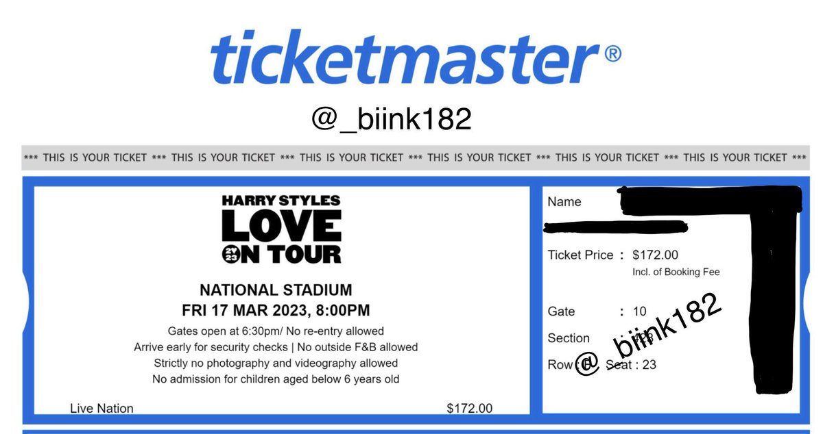 _bIink182's tweet photo. WTS - HARRY STYLES LOVE ON TOUR SINGAPORE
CAT6 SECTION423 ROWF SEAT23
📍 185SGD (bought for 172SGD)
📍 Reason: Bought extra
Nego till let go.
DM me to purchase!
#HarryStylesSG #LoveOnTourSG #LOTSG #HSLOTSG https://t.co/ZgSWcAsUSA