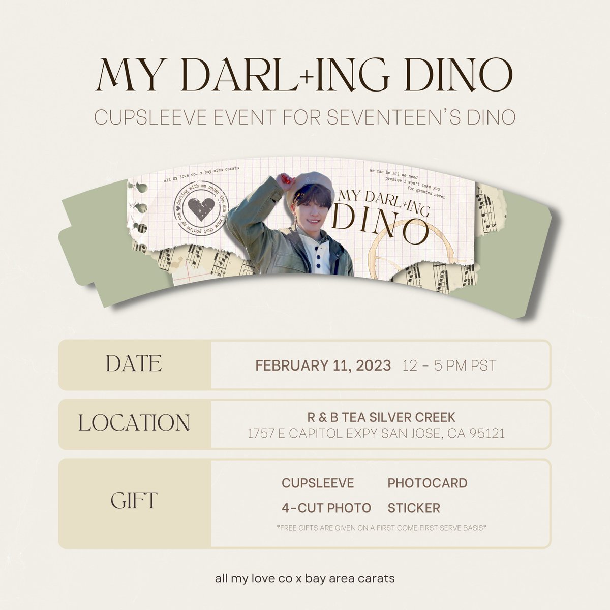 allmylove_co's tweet photo. 📞Dialing you-hoo-hoo.. to our cupsleeve event to celebrate Seventeen’s Dino birthday! 

🌷 2/11/23 — 12-6 PM
💌 R&amp;B Silver Creek
1757 E Capitol Expy
San Jose, CA 95121

Keep an eye out for our donation tiers and vendor information next! Hope to see you there, darling! 🤍 https://t.co/N2HU7rQ2TI