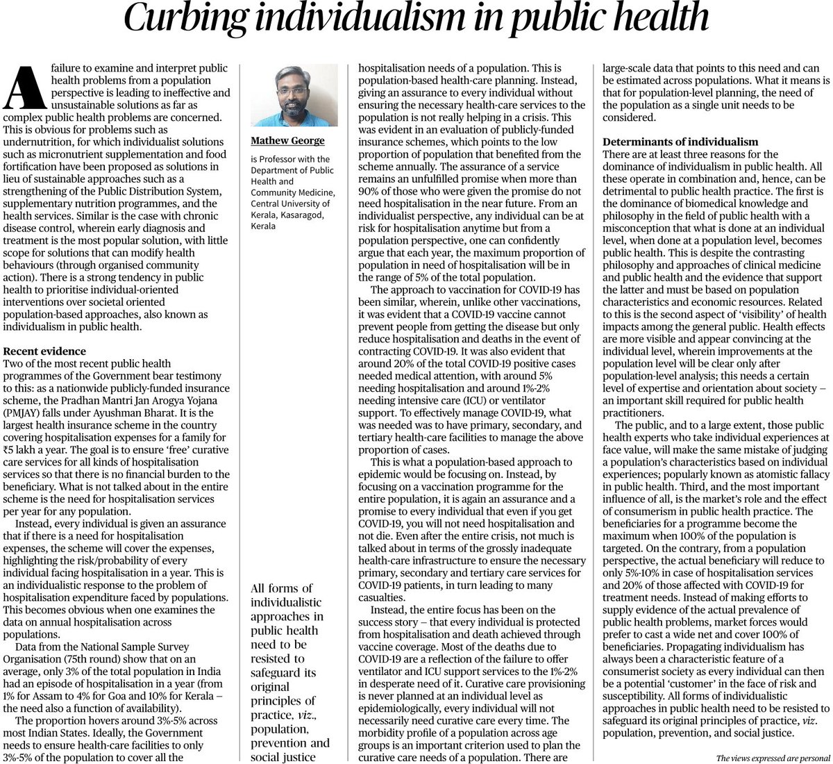 "All forms of individualistic approaches in public health need to be resisted to safeguard its original principles of practice, viz., population, prevention and social justice"
 👇In today's The Hindu..