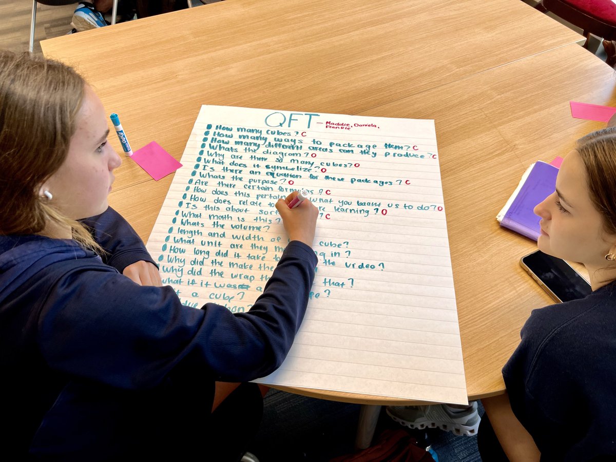 KristaFancher's tweet image. I’ve been curious to see the #QFT in a math class. The amazing @BeccaTiffin invited me today. I loved how Ss generated Qs from a cryptic video showing surface area and volume. Loved watching them realize the “how &amp;amp; why” Qs are the meaty ones. #Inquiry @RightQuestion @TheMVSchool