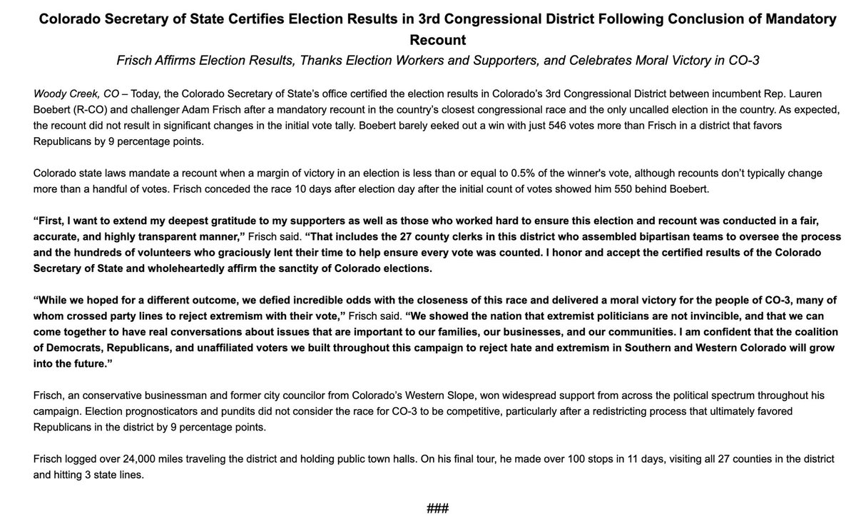 AdamForColorado's tweet photo. The CO Secretary of State just certified our election. Just as we expected, the vote total didn’t shift by more than a few votes. 

I want to thank the volunteers for their efforts during this state-mandated recount. We are all proud of Colorado’s safe and secure elections. 🇺🇸 https://t.co/3nLDBnxeYf