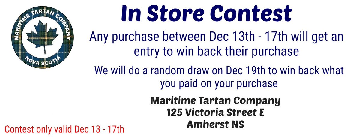MaritimeTartan's tweet photo. We are going to do a neat contest to get more people in the store and make someone happy.

Dale loves meeting people and chatting and thought this would be fun!!

Sherrie 
Maritime Tartan Company
125 Victoria Street E
Amherst NS https://t.co/ynB9kDSgPb