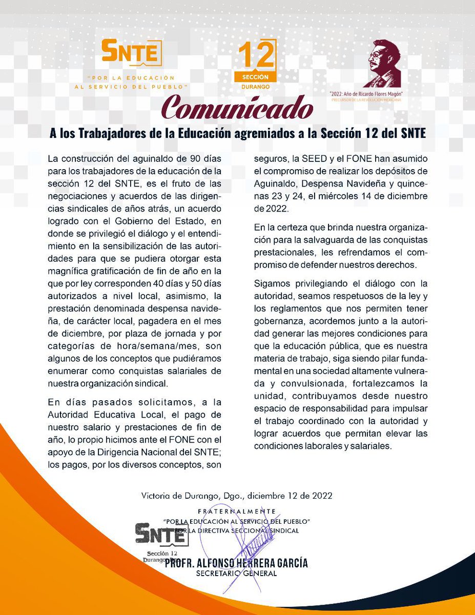 Snte12Durango's tweet photo. 🚨 COMUNICADO 🚨

A los Trabajadores de la Educación, agremiados a la Sección 12 del SNTE. https://t.co/qyNCWdb9a3