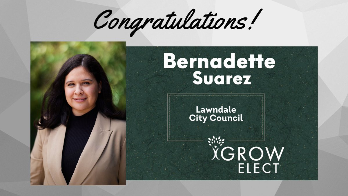 GROWelect's tweet photo. Congratulations to @bernlosu for winning her re-election race for Lawndale City Council.

She came in first place and received more than 12% of the votes over the next candidate.
#growelect https://t.co/UWY6R6LO2d