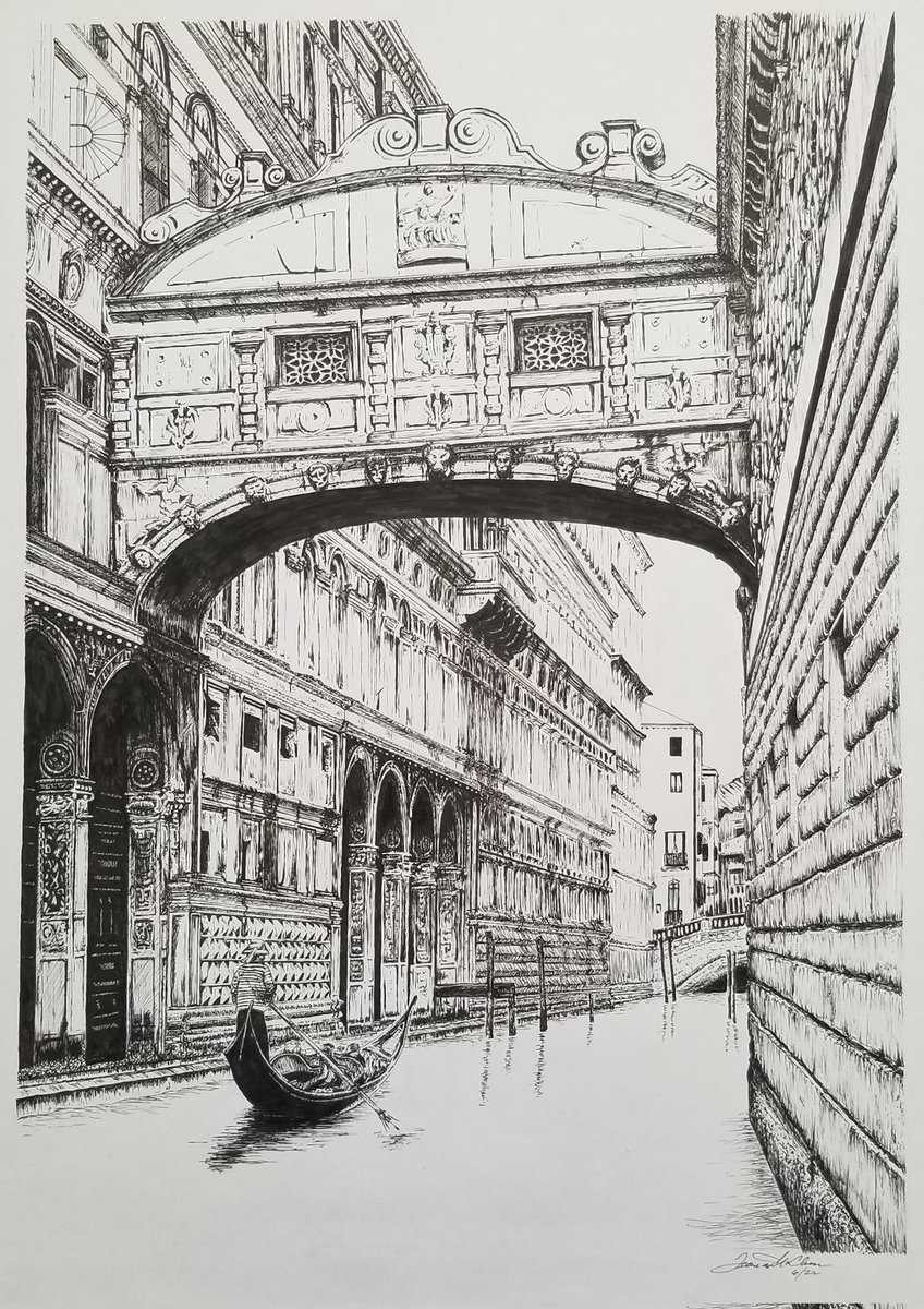 Again, after a lapse of about 25 years, I started drawing again. This is one from mid 2021. Bridge of Sighs, Venice, Italy. Straight pen & ink with Micron black 005 pen. 14 x 17. #veniceitaly #veniceitalyart #bridgeofsighs #drawing #inkart #penandink #art