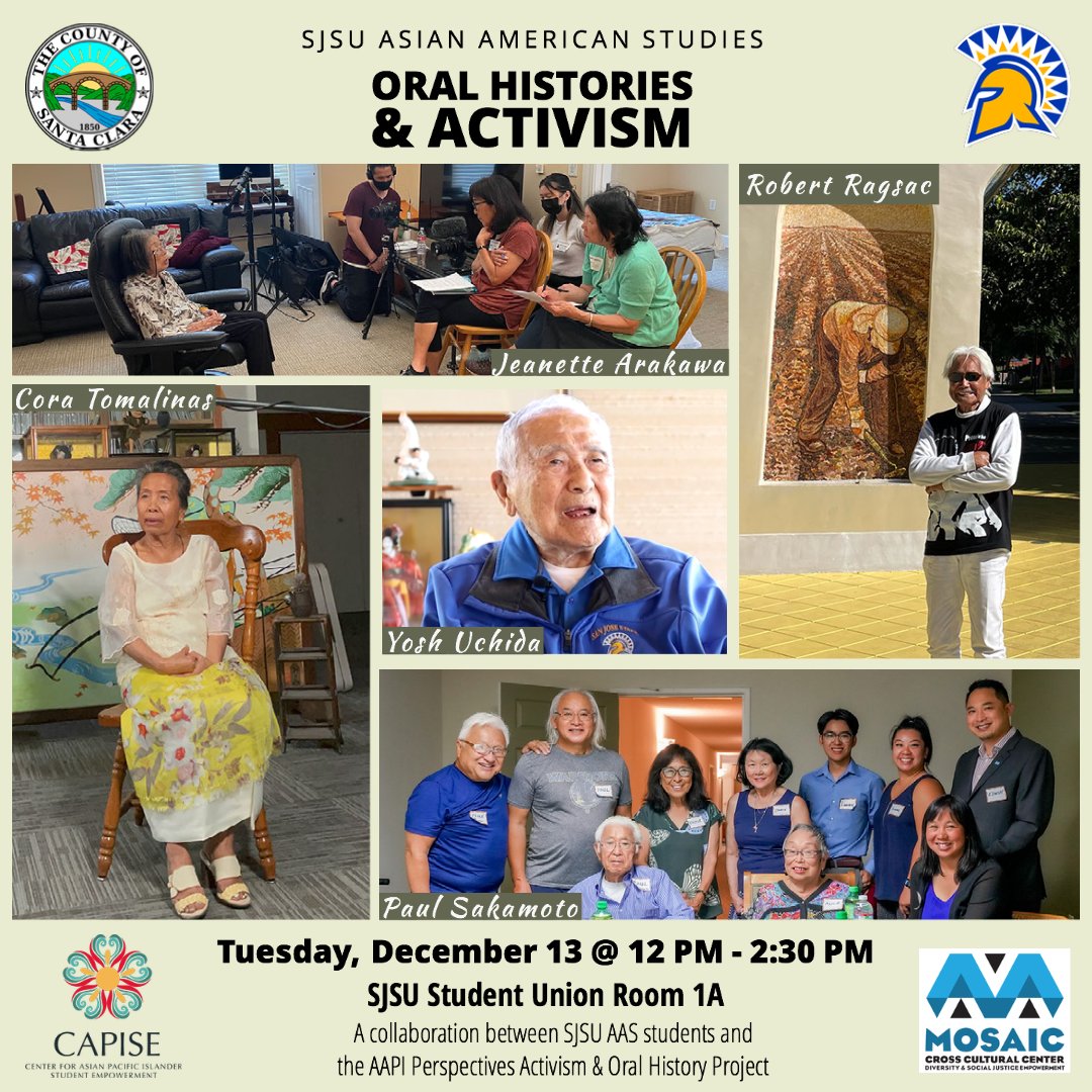 🧵This Tuesday, December 13 from 12pm - 2:30pm come check out the great work of <a href="/SJSU/">San José State University</a> #Asian American Studies Student Oral histories collected from Asian-Americans in <a href="/SCCgov/">County of Santa Clara</a> , along with additional oral histories that the students have conducted themselves. (1/5)