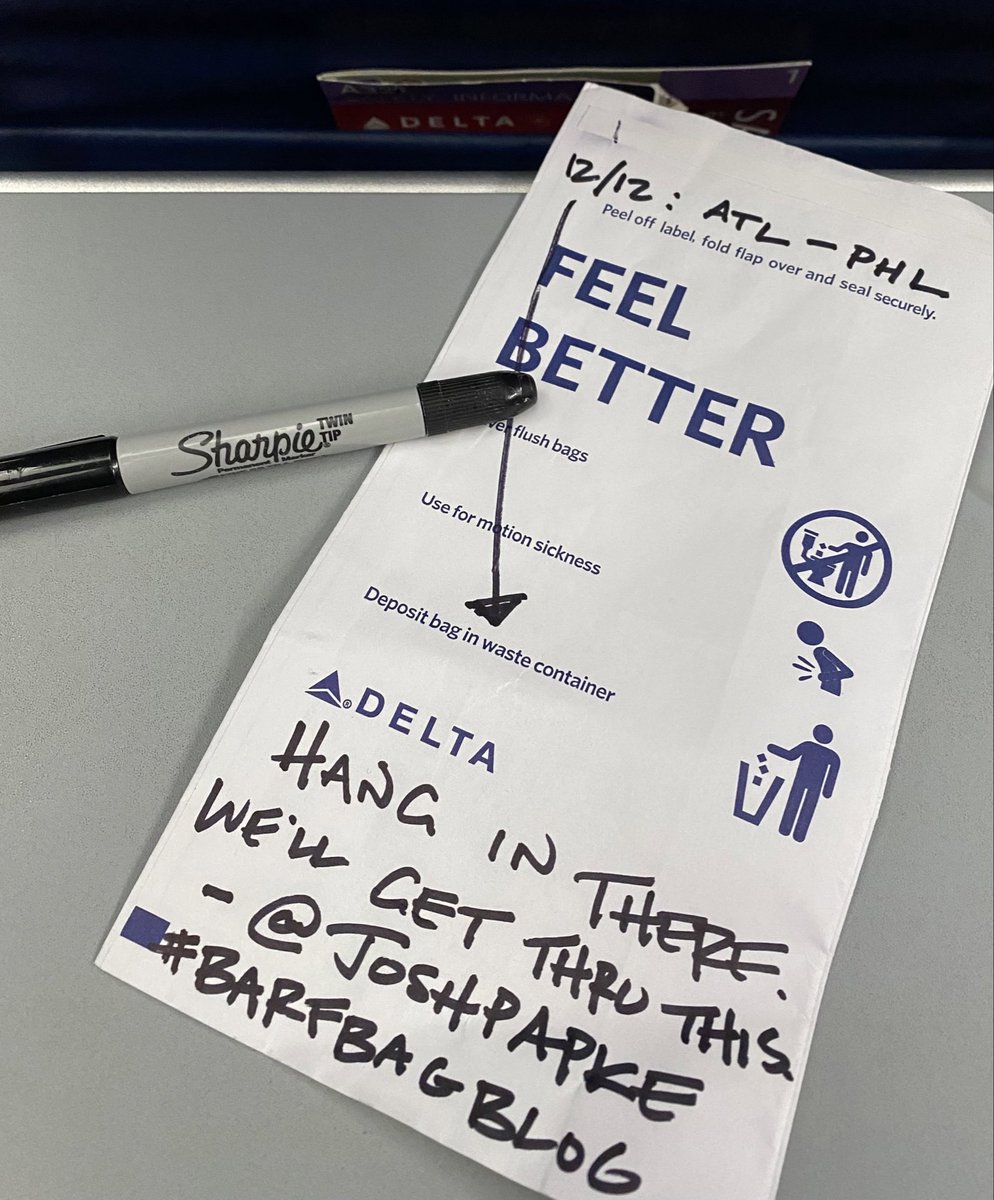 joshpapke's tweet image. Back by “popular” demand:
#BarfBagBlog

12/12: (TPA ➡️) ATL ➡️ PHL
12/13: 🔄

@Delta | #DeltaProud
@FlyTPA🦩| #TPAAirport
@ATLairport🥤| #ATLAirport
@PHLAirport ❤️ | #PHLAirport

cc: @Sharpie