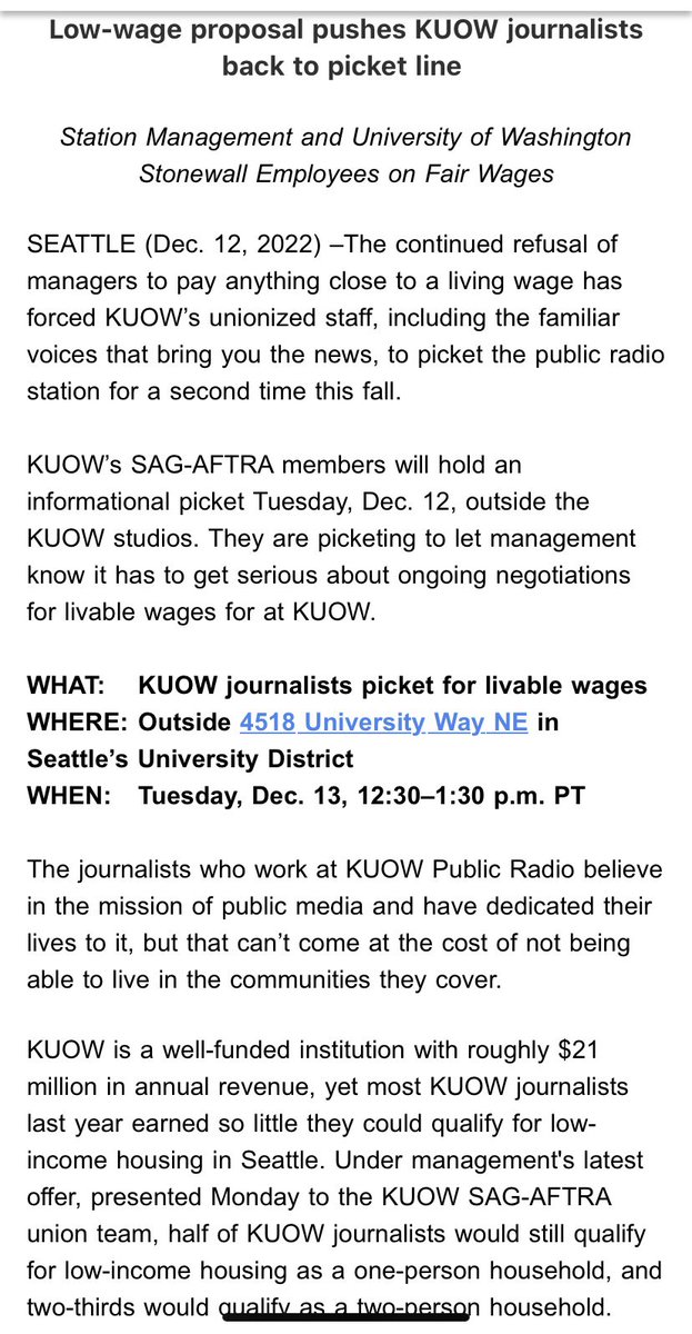 looks like our friends <a href="/wemakekuow/">#SoundStoriesSoundWages</a> are back on the picket line tomorrow, demanding higher wages. we stand with them. it’s a shame <a href="/kuow/">KUOW Public Radio</a> management can’t seem to recognize how hard it is out there for folks, with food and gas prices still so high &amp; no guaranteed relief in sight.