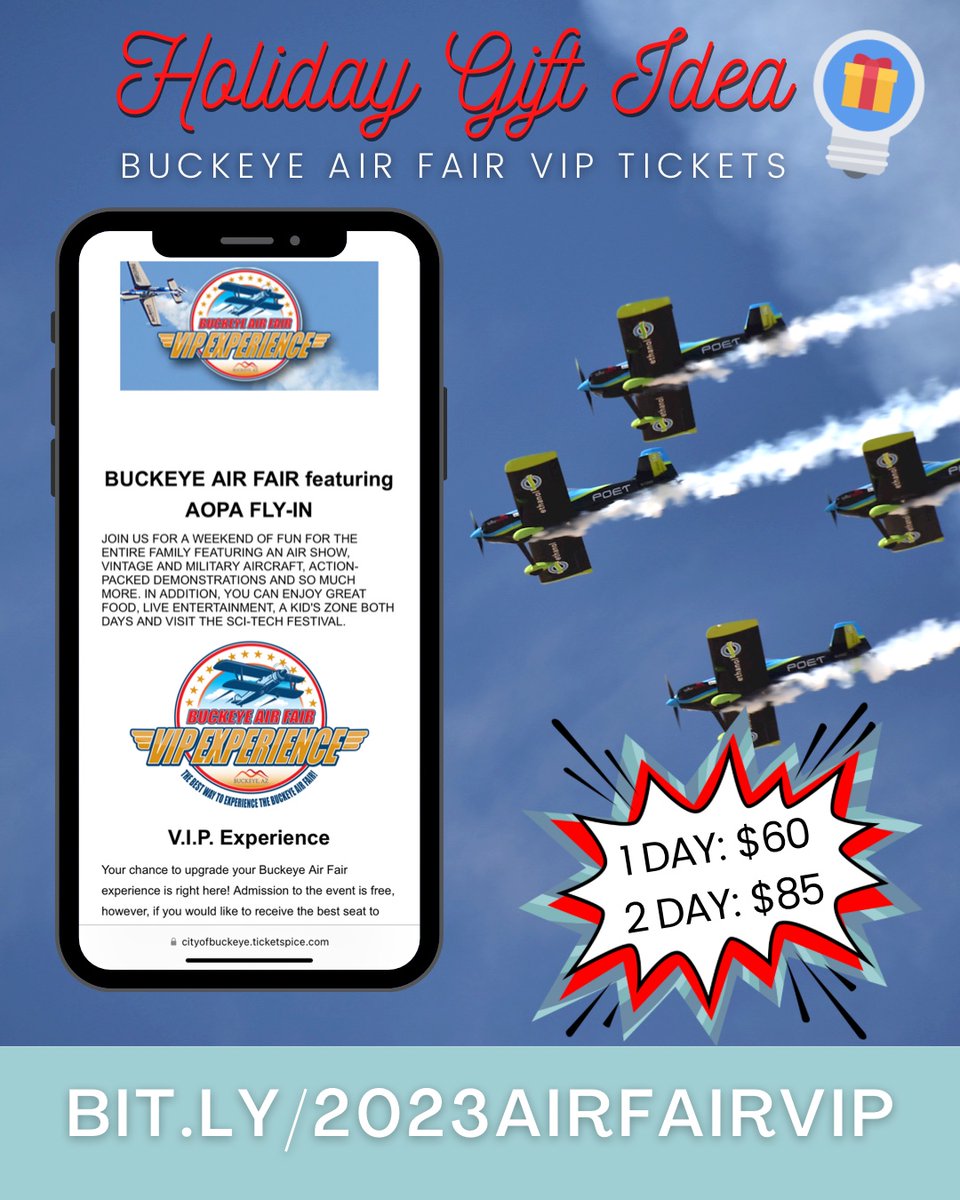 Looking for holiday gift 🎁 ideas? Give the gift of VIP. Buckeye Air Fair VIP tickets are available for sale now! Check out one-day and two-day passes. Go to bit.ly/2023airfairvip
