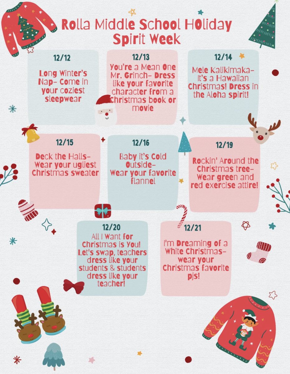 RMS Holiday Spirit Week starts 12/12 and ends 12/21!