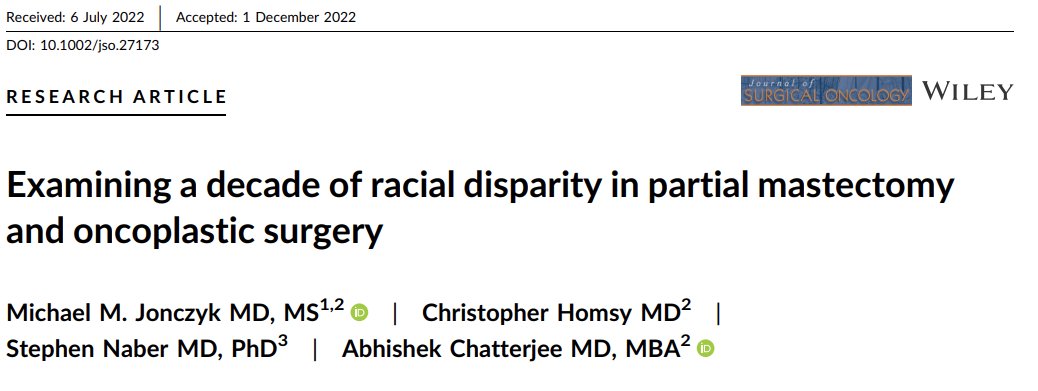 Excited for our #oncoplasticsurgery research demonstrating  improving index of #racialdisparity in #breastconservationsurgery over the last decade but we can do better in making #oncoplasty available to all! #disparityinhealthcare #oncoplastics 
@DrChrisHomsy#breastreconstruction