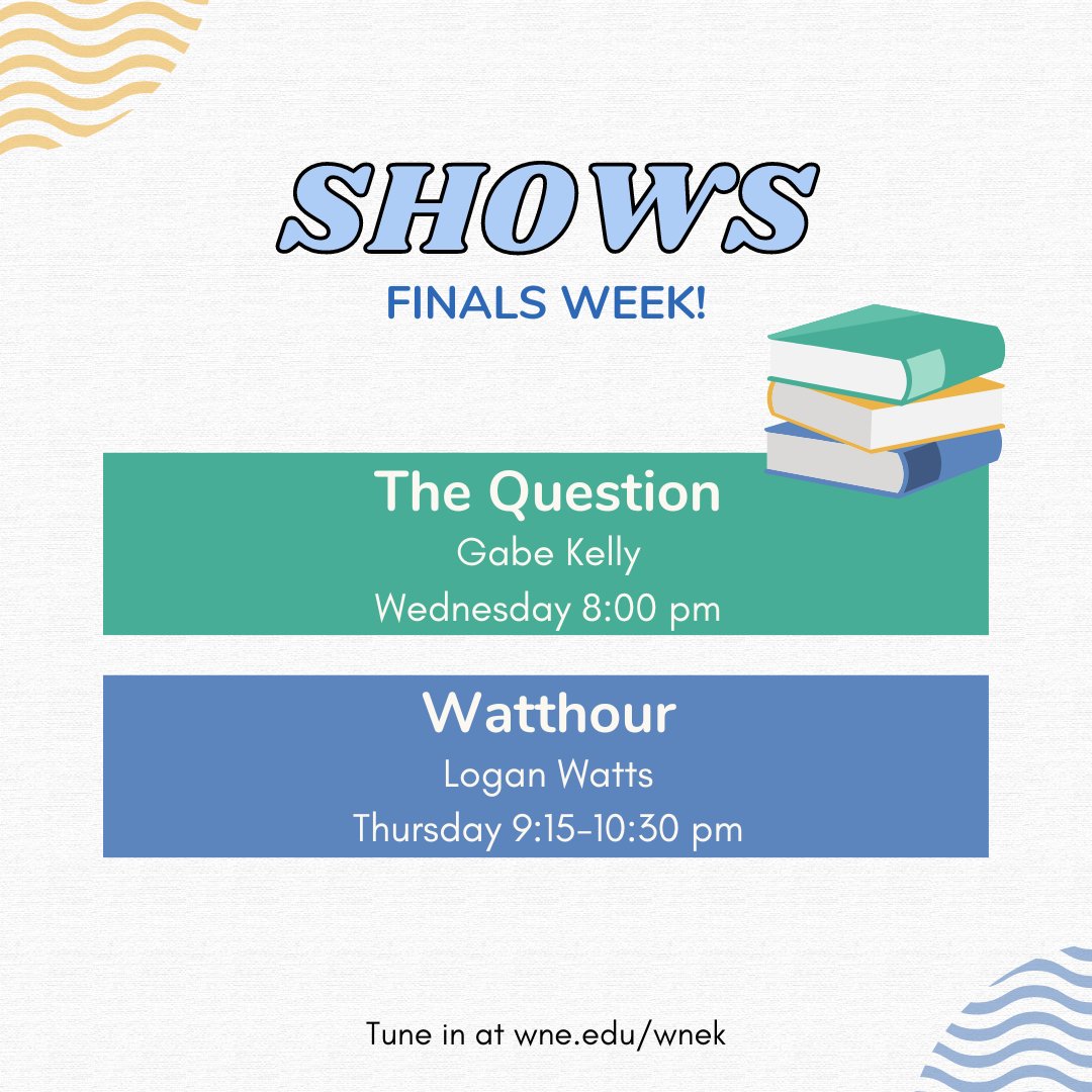 WNEKRadio's tweet photo. Happy finals week! Tune in to our last few shows of the semester, and study hard! You've got this g-bears! Until next semester :) https://t.co/43dWJKwsUz