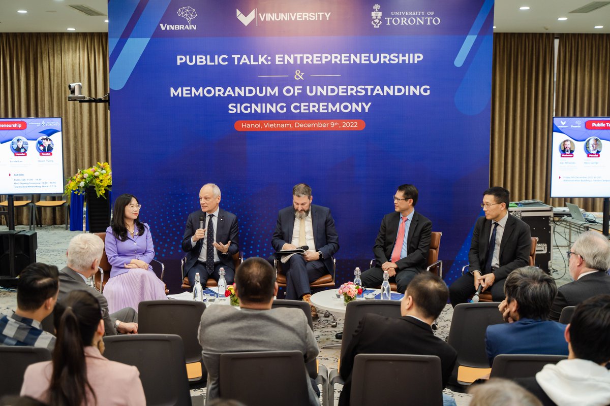 uoft_intl's tweet photo. It was a pleasure meeting with senior leadership of #VinUni and #VinBrain. Many thanks to Prof. Le Mai Lan, President, VinUniversity, and Mr. Steven Truong, CEO, VinBrain, for an inspiring exchange of ideas on entrepreneurship during a panel discussion with @UofT leadership. https://t.co/fZIRKIrU4r