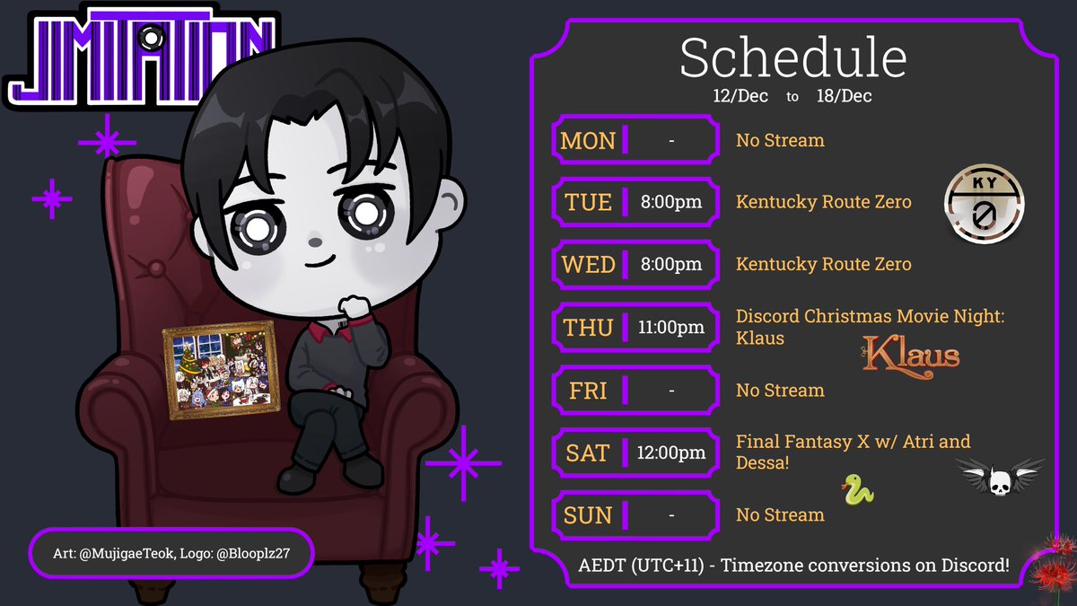 jimitation_vt's tweet photo. Schedule!🗓

Will avoid LATE nights this week for self-preservation 😬
Seeking to finish KR0, and Klaus comes highly recommended.
Might be playing Darktide Friday on another channel? 👀
Capped off as always with art fam FFX!

#VTubersEN #VTuberUprising #Vtubers https://t.co/tgbv4IJOgo