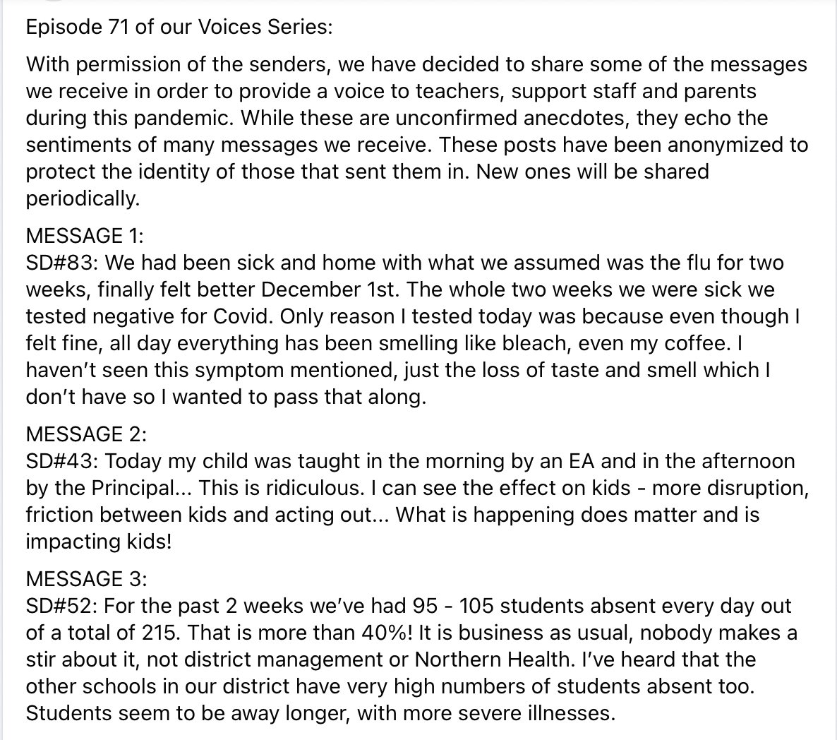 BCschoolCovid's tweet photo. From our inbox, episode 71 of our voices series. #bced #bcpoli Listen up @adriandix @Dave_Eby ! https://t.co/BByboKfJKz