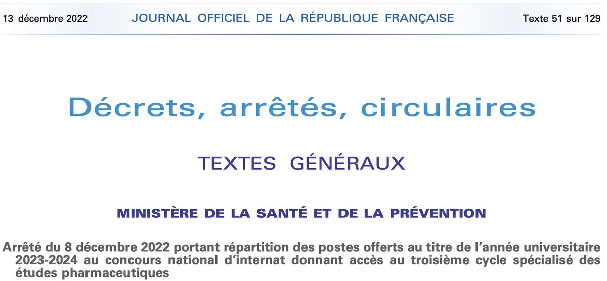 #Internat | Le Numerus Clausus de Concours National de l’Internat de #Pharmacie pour la future promotion d’#Internes en 2023-2024 est paru ce jour ! 

🏷️ 4️⃣0️⃣1️⃣ postes en Pharmacie Hospitalière (+63) 🥼 
🏷️ 2️⃣2️⃣8️⃣ postes en Biologie Médicale (+26) 🧬