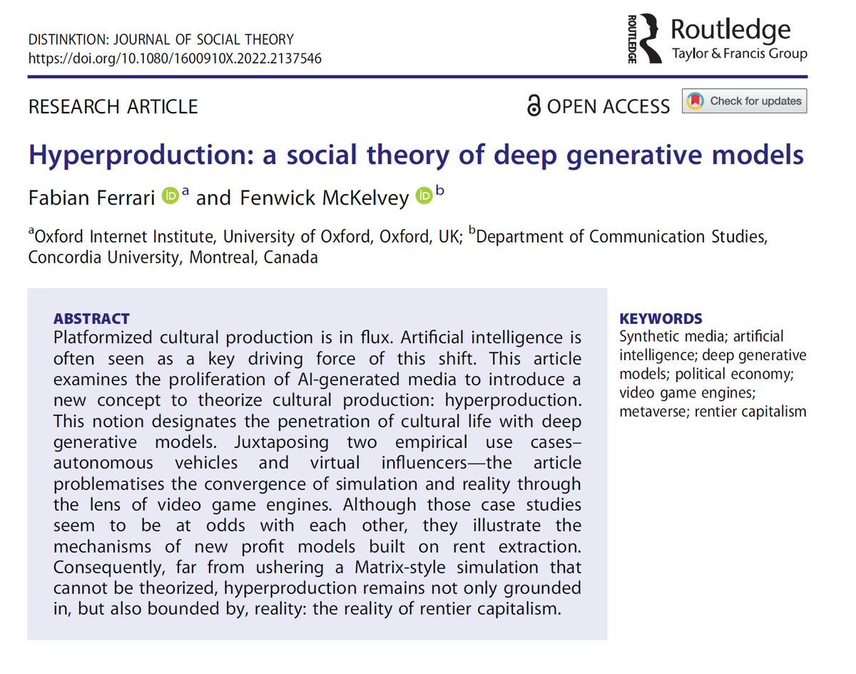 Fabian Ferrari (@fabianlferrari) on Twitter photo How can we make sense of AI-generated media?
In this new🔓article, <a href="/mckelveyf/">Fenwick@mastodon.social McKelvey</a> and I propose a new concept to grasp the penetration of cultural life with deep generative models: hyperproduction.
doi.org/10.1080/160091… How can we make sense of AI-generated media?
In this new🔓article, <a href="/mckelveyf/">Fenwick@mastodon.social McKelvey</a> and I propose a new concept to grasp the penetration of cultural life with deep generative models: hyperproduction.
doi.org/10.1080/160091…