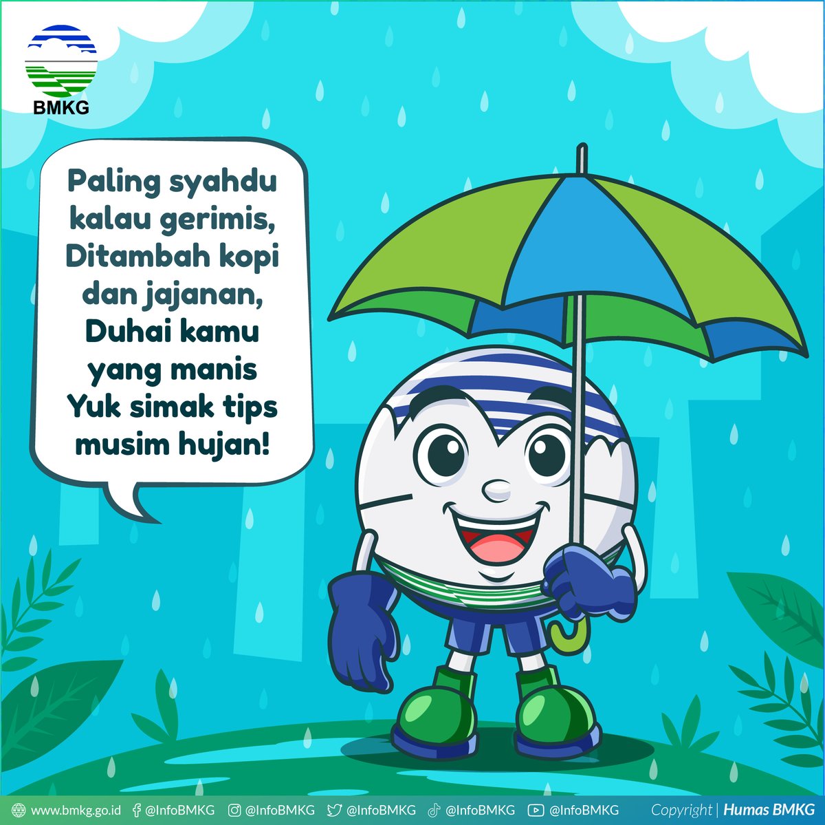 infoBMKG's tweet photo. #SobatBMKG setuju ga sih kalau musim hujan emang paling banyak dramanya? Mulai dari kecipratan genangan air, rambut lepek, sepatu dan celana yang kebanjiran, dan berbagai drama lainnya. Rasanya mau acak-acak bumi dan seluruh isinya deh π
#MusimHujan
#TipsMusimHujan
#BMKG https://t.co/7ctvbmyhov
