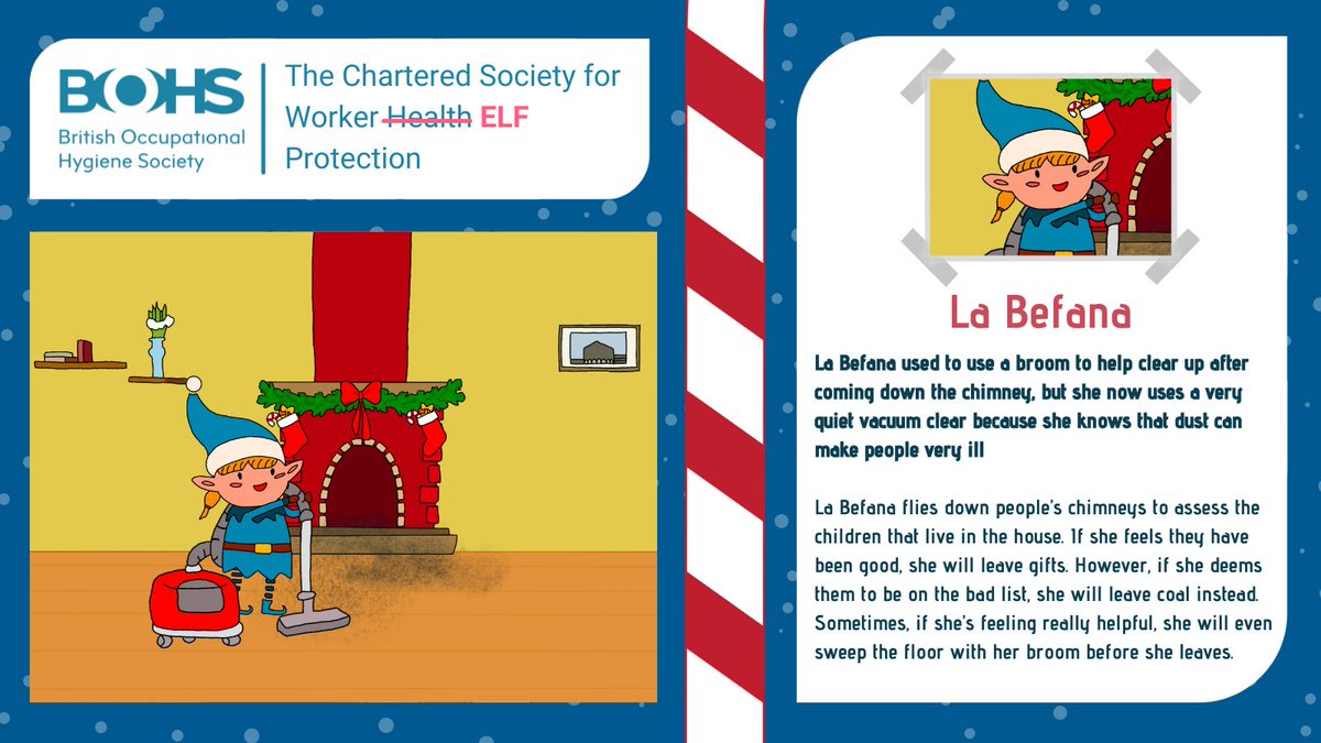 BOHSworld's tweet photo. La Befana used to use a broom to help clear up after coming down the chimney, but she now uses a very quiet vacuum cleaner because she knows that dust can make people very ill!
#WorkerElfProtection #12DaysOfChristmas https://t.co/WB78C7dmDO