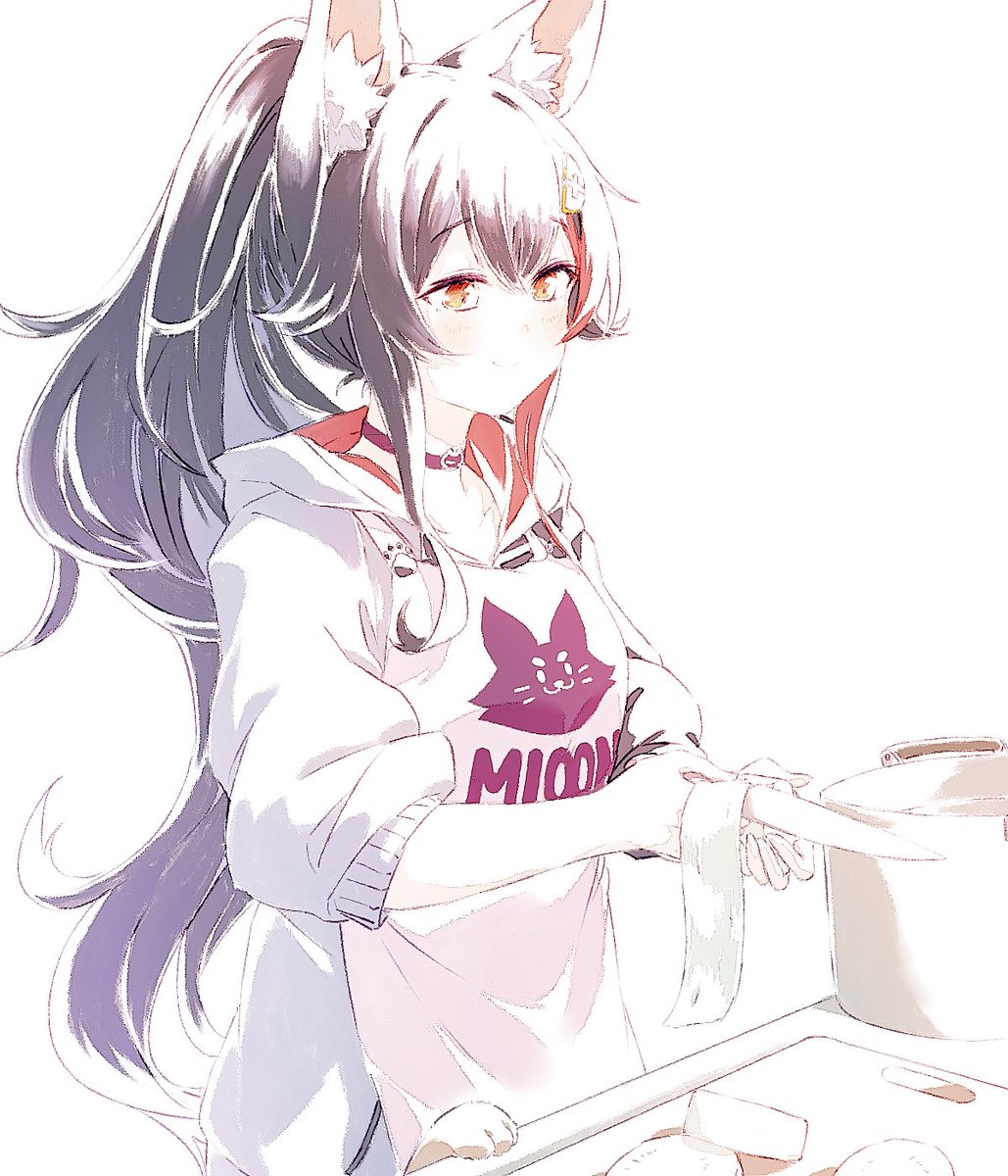 ookami mio 1girl animal ears solo black hair wolf ears cooking long hair  illustration images