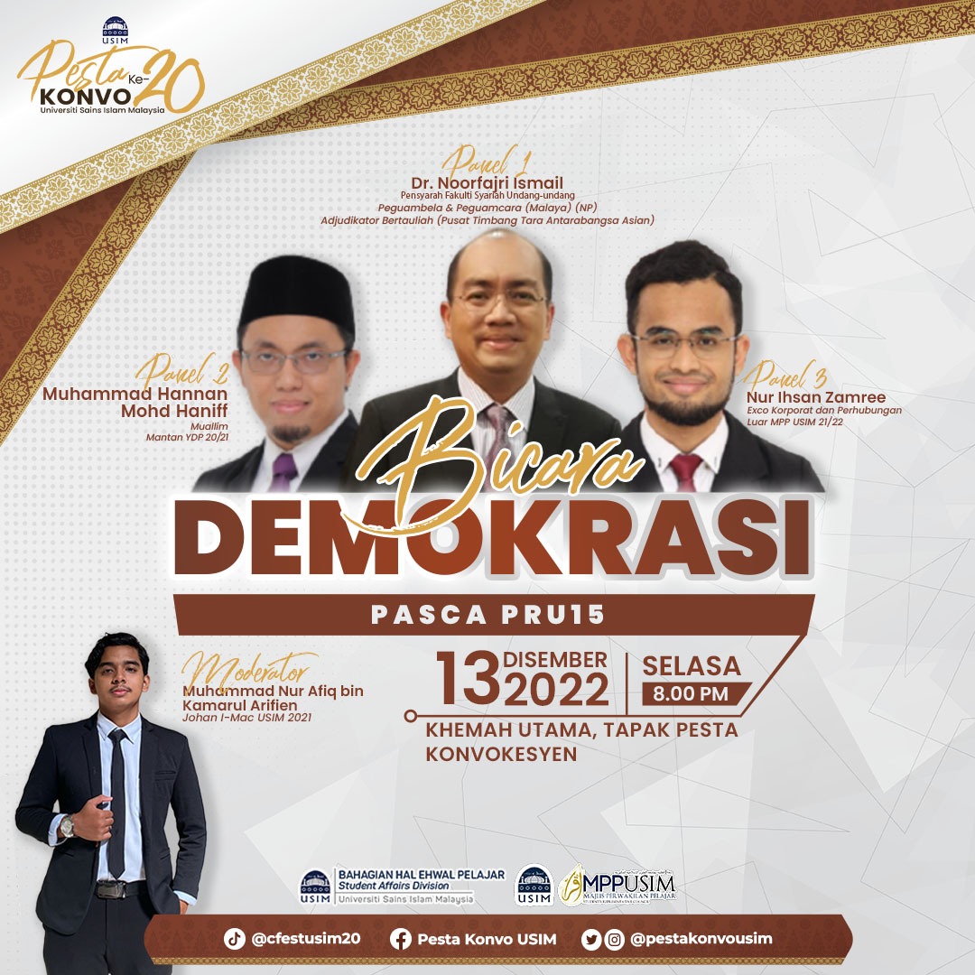 🔖 [ BICARA DEMOKRASI: PASCA PRU-15 ] 🔖

Program ini akan diadakan seperti ketetapan berikut:

📆 Tarikh: 13 Disember 2022 (Selasa)
⏰ Masa: 8.00 - 10.30 Malam
🏛️ Tempat: Khemah Utama, Tapak Pesta Konvokesyen

📌 TERBUKA KEPADA SEMUA
 PENYERTAAN ADALAH PERCUMA

 JUMPA ANDA ✨