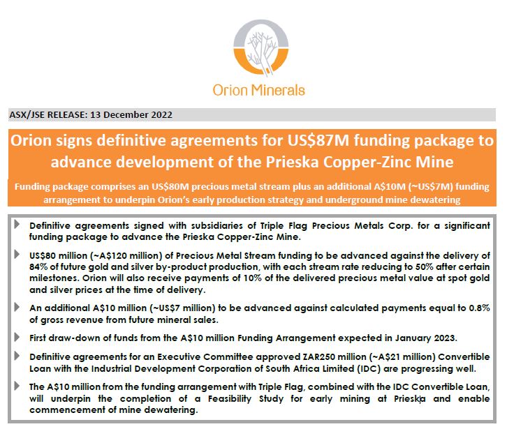 OrionMinerals's tweet image. ORION SIGNS DEFINITIVE AGREEMENTS FOR US$87M FUNDING PACKAGE TO ADVANCE DEVELOPMENT OF THE PRIESKA COPPER-ZINC MINE 
orionminerals.com.au/investors/asx-…

#OrionMinerals #PrieskaProject #Copper #Mining