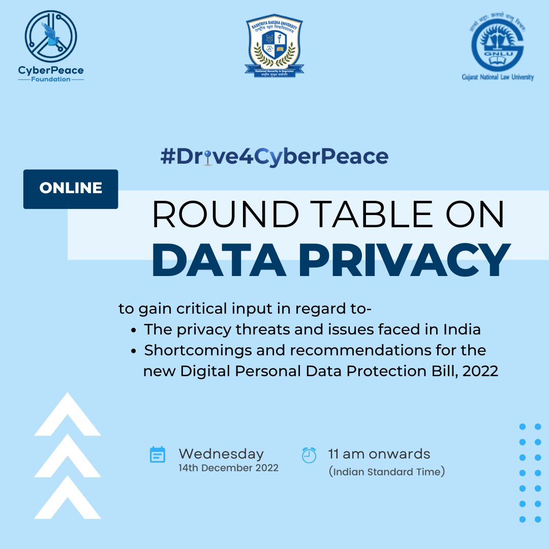 cyberpeacengo's tweet photo. #CyberPeace☮️ in association with @rakshauni and @gnluofficial will conduct #Drive4CyberPeace roundtable on #DataPrivacy with industry leaders, learned scholars & renowned cyber experts on Dec 14 2022, 11 am. Stay tuned for more info.
#DataProtection #CyberSecurity https://t.co/13uU55OZit